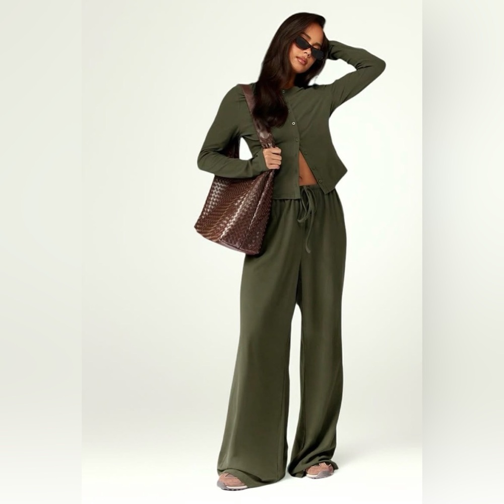 Olive Green cardigan and wide leg pant set